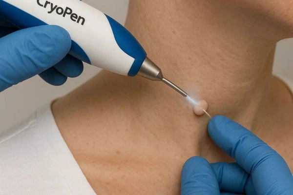 Person receiving cryotherapy Deanshanger for skin tag removal
