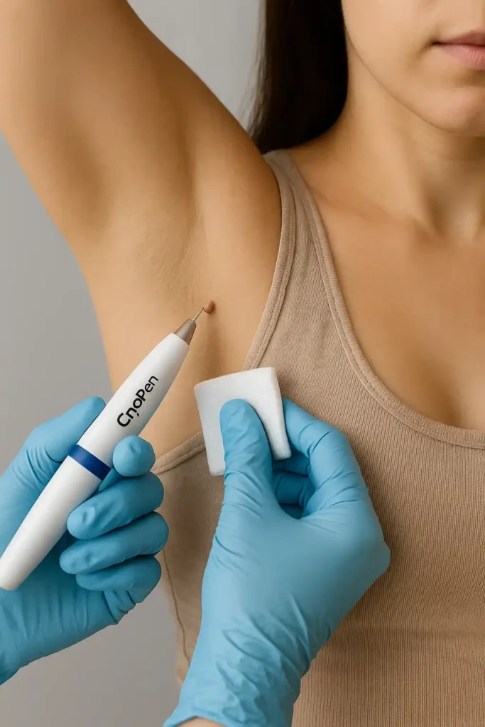 woman having cryopen to remove underarm skin tags Deanshanger