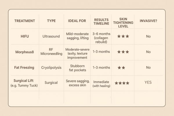 Table showing the comparisons of Skin tightening Deanshanger treatment options.